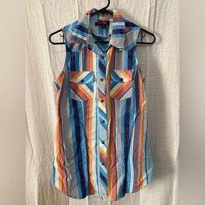 Blue and Orange Sleeveless Button Down Shirt